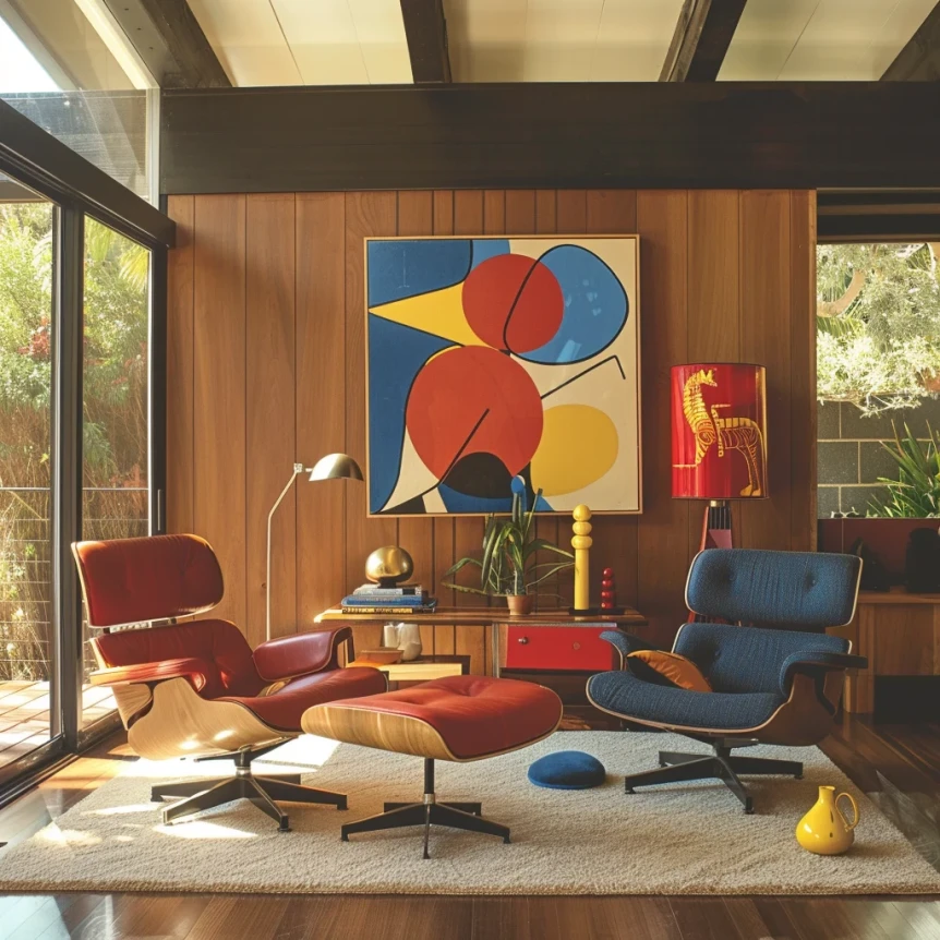 A mid century modern space featuring pops of bold primary colors red blue and yellow against a neutral background3