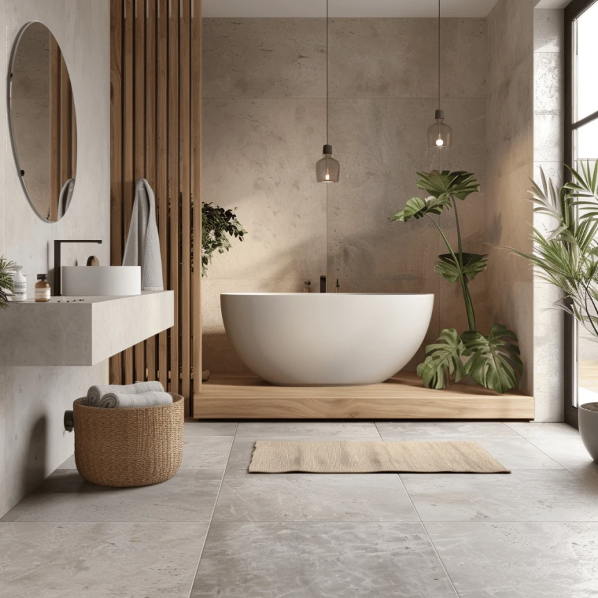 A minimalist bathroom with a mix of warm and cool tones featuring a cool gray tile floor warm beige walls and natural wood accents creating a balanced and inviting atmosphere.pngv1718641129