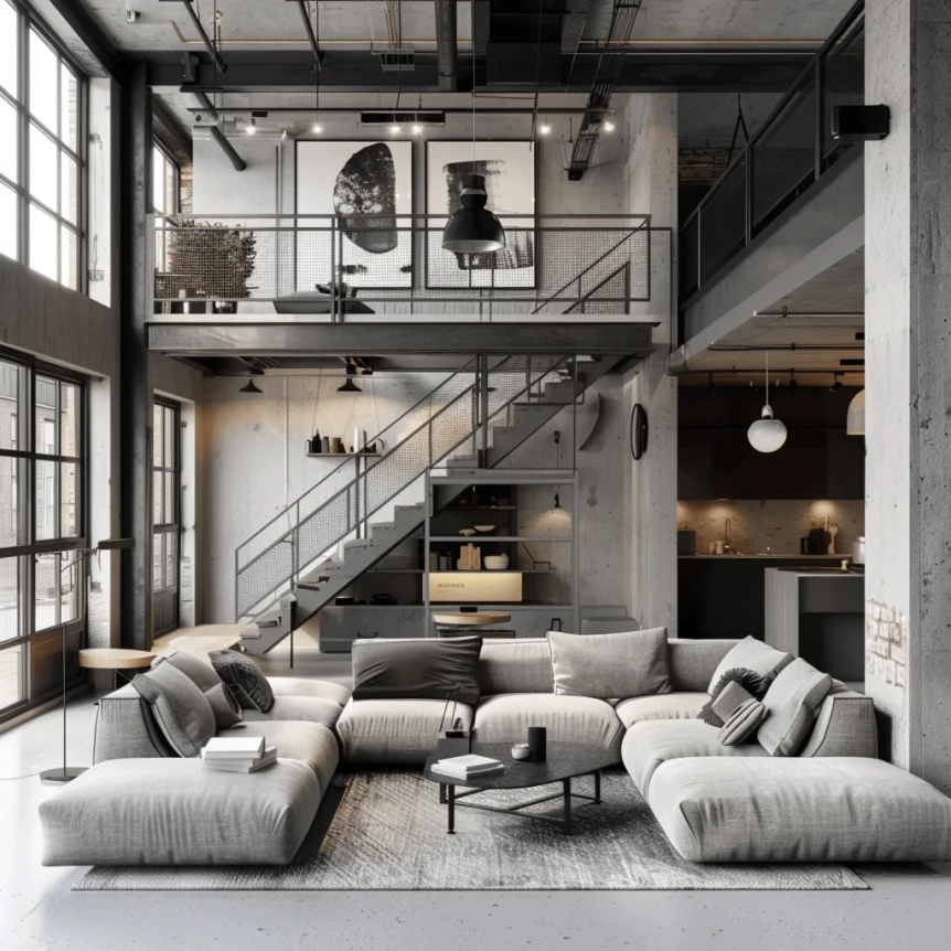 A minimalist industrial loft with a neutral color palette of grays whites and blacks anchoring the space in an industrial loft color palette design3