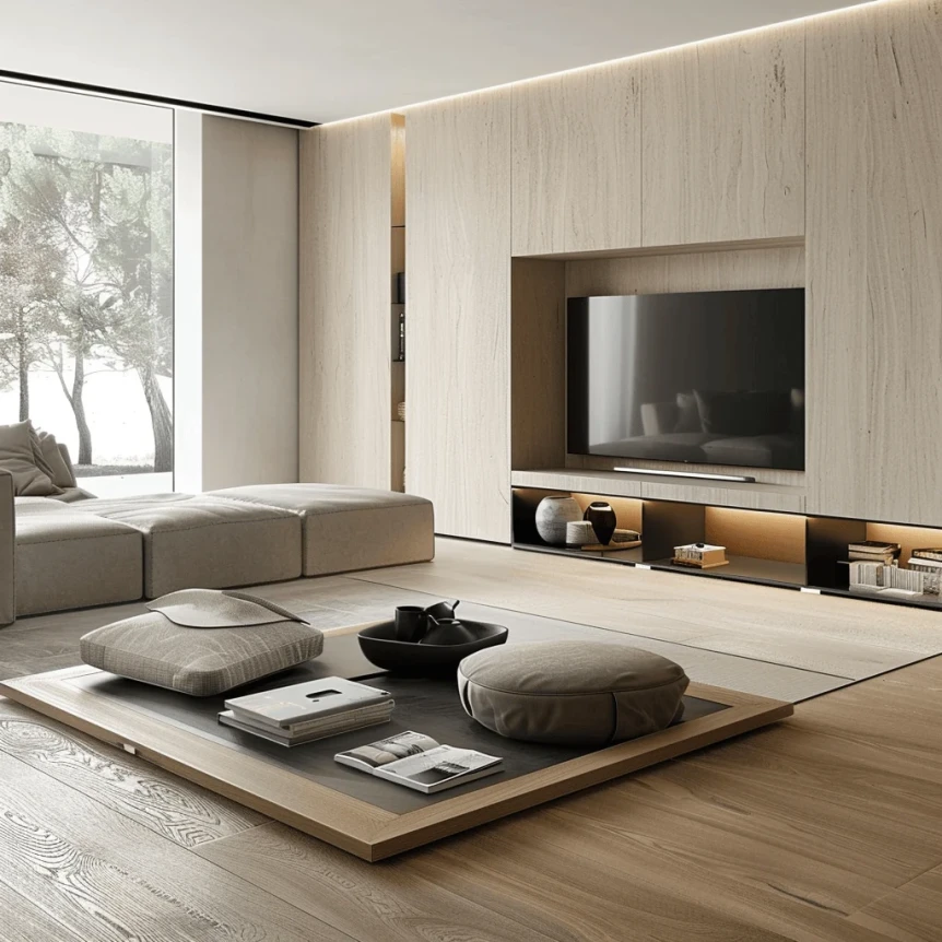 A minimalist living room featuring built in shelving and hidden storage solutions to keep the space organized and clutter free