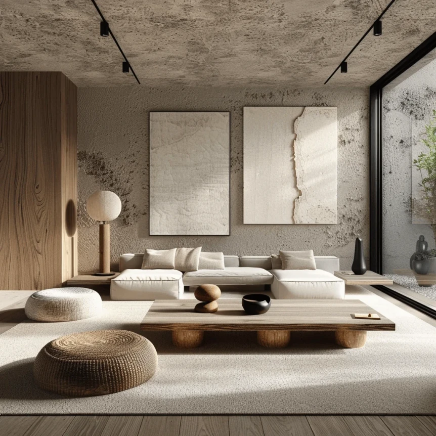 A minimalist living room incorporating natural materials organic elements and subtle textures like wood stone and woven fabrics for added depth and warmth