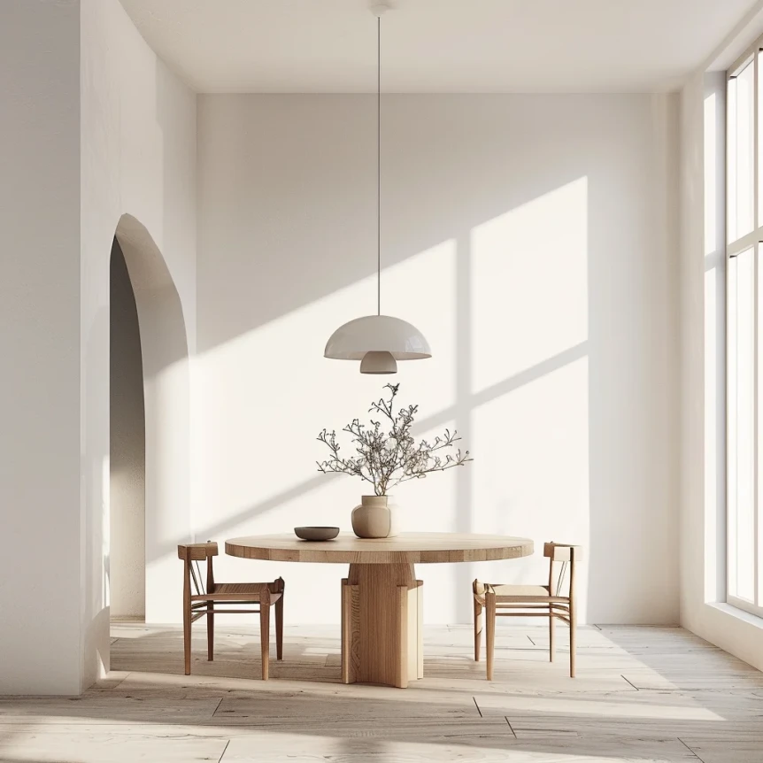 A serene and uncluttered minimalist dining room with clean lines and ample natural light minimalist design style1