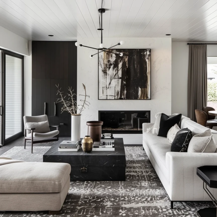 A sophisticated mid century modern interior with a palette of white gray and black creating a timeless and elegant atmosphere2