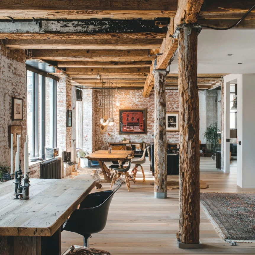 Rustic industrial loft with exposed wooden beams, brick walls, modern furniture, and open floor plan design