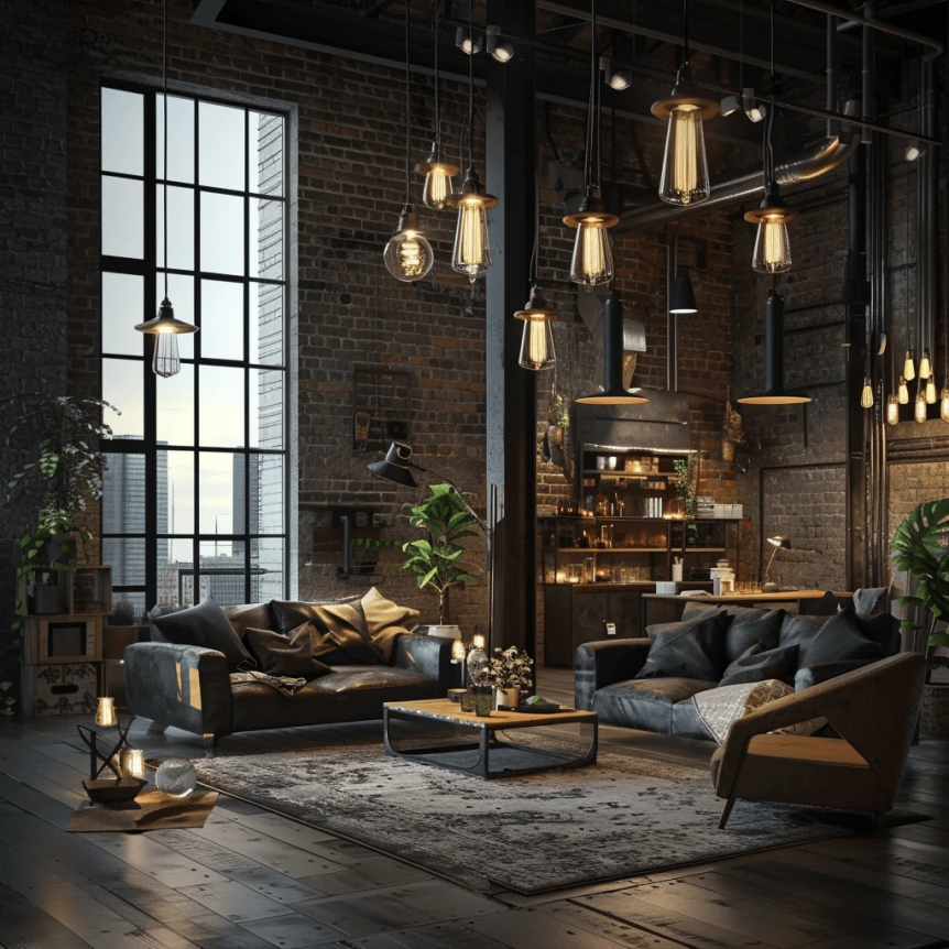 An industrial living room illuminated by a combination of pendant lights floor lamps table lamps and Edison bulbs creating a warm and inviting atmosphere1