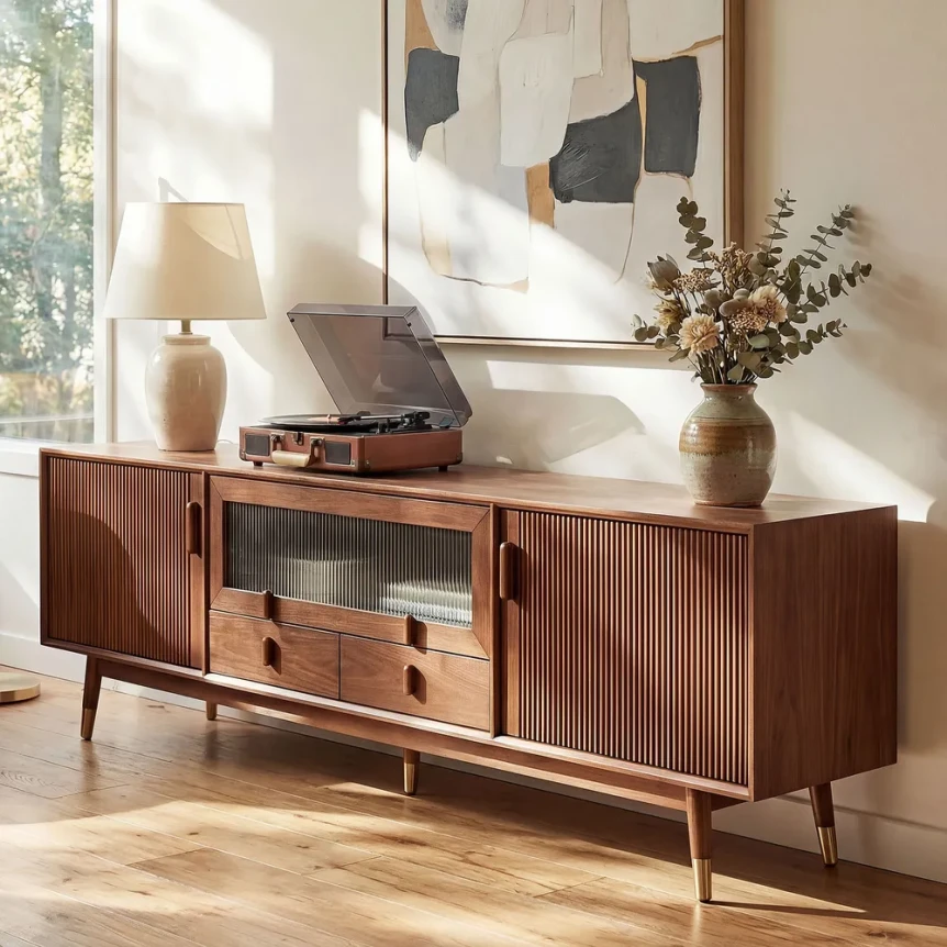 Mid-century modern wooden sideboard with record player, lamp, and decorative vase in contemporary living room