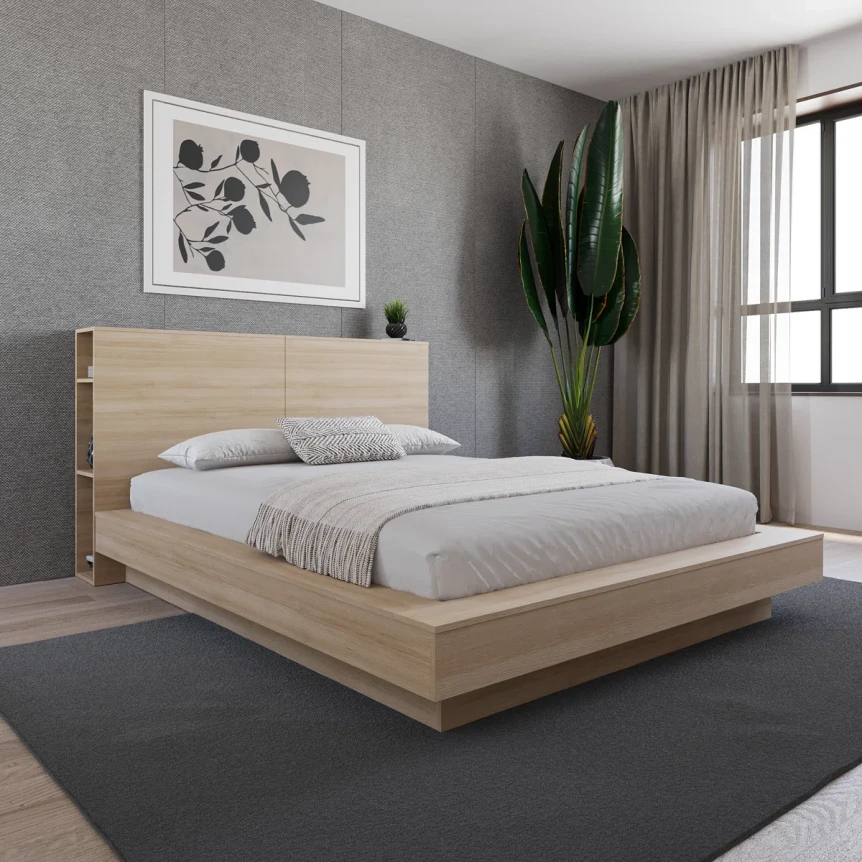 Modern wooden platform bed with storage in minimalist gray bedroom with plant and artwork