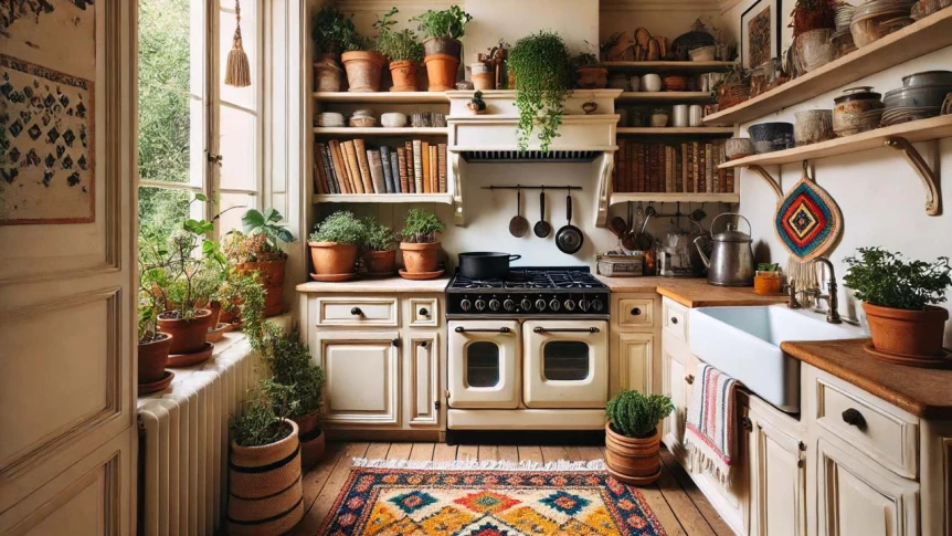 boho kitchen with open shelvesdisplaying mugs, pots, ceramic, plants, baskets and a pattern rug