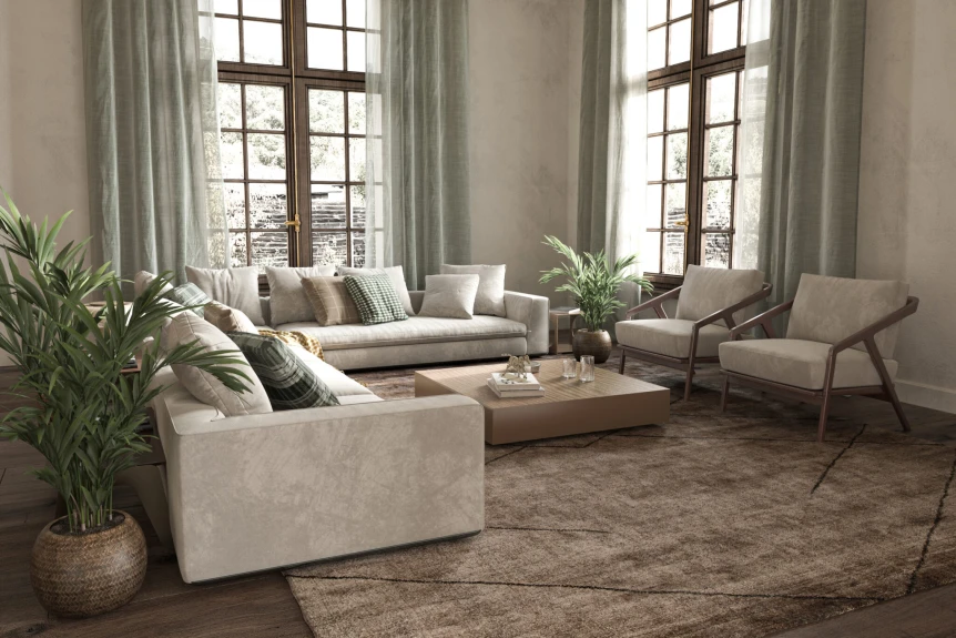 Minimalist Japandi living room with neutral tones, cream sofas, natural wood coffee table, and large windows