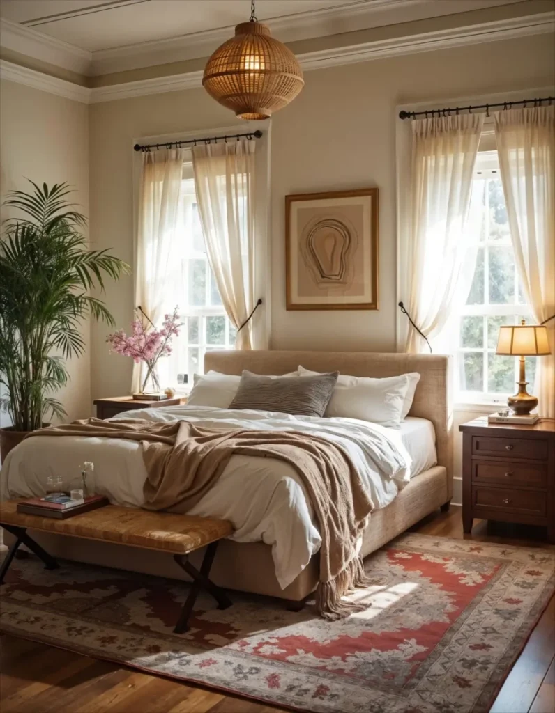 Cozy boho bedroom with neutral tones, layered textiles, wooden furniture, plants, and vintage rug