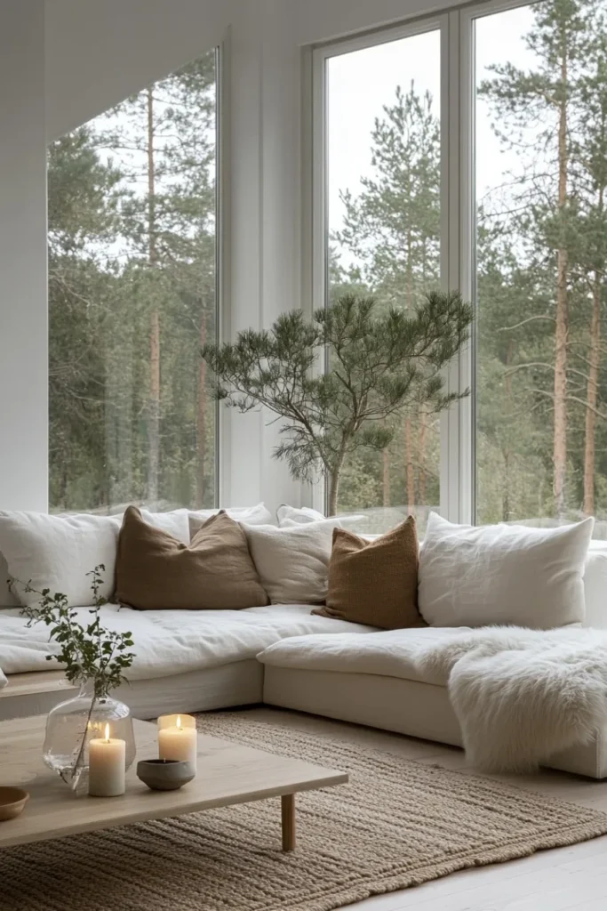 Bright Nordic style space featuring white sofa sheepskin throw woven rug and soft ambient lighting 683x1024 1