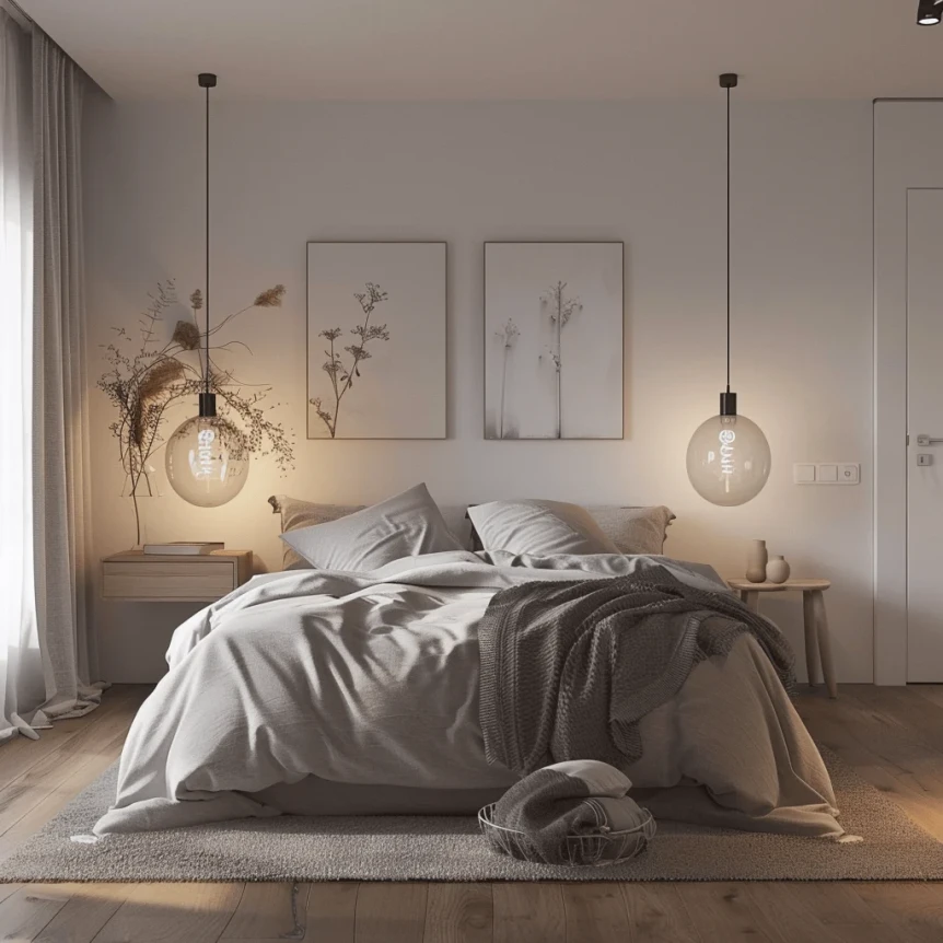 Carefully selected lighting in a Scandinavian bedroom creating a balanced and inviting atmosphere