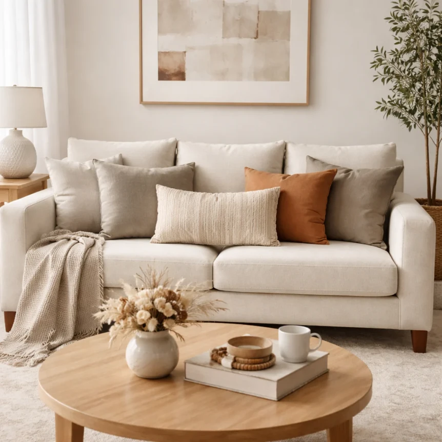 Neutral beige sofa with earth-tone pillows, round wood coffee table, and minimalist decor in modern living room