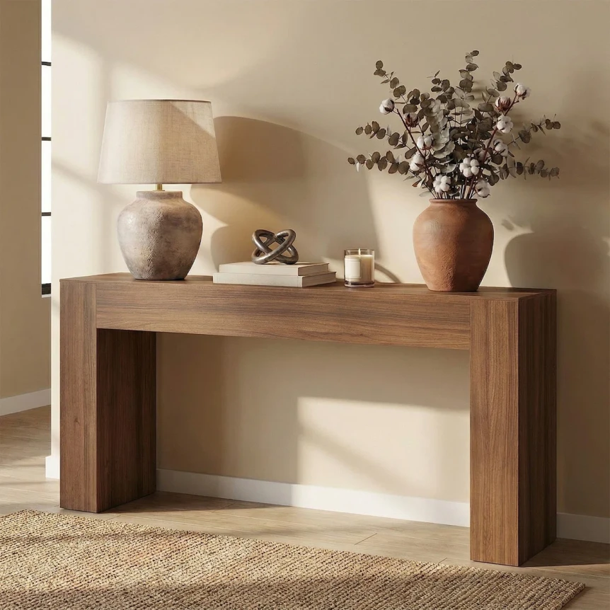 Modern wooden console table with decorative lamp, vase with eucalyptus, and home accessories in neutral entryway