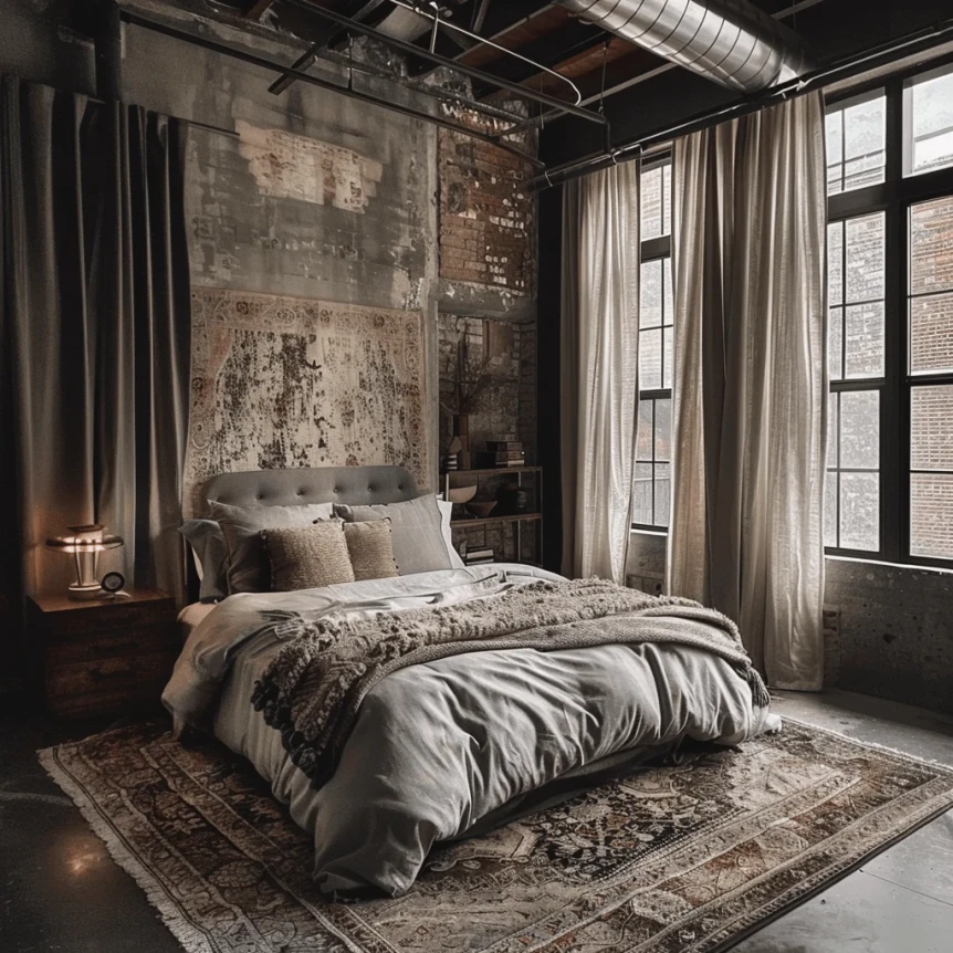 Cozy bedding plush area rug and textured curtains in an industrial bedroom2
