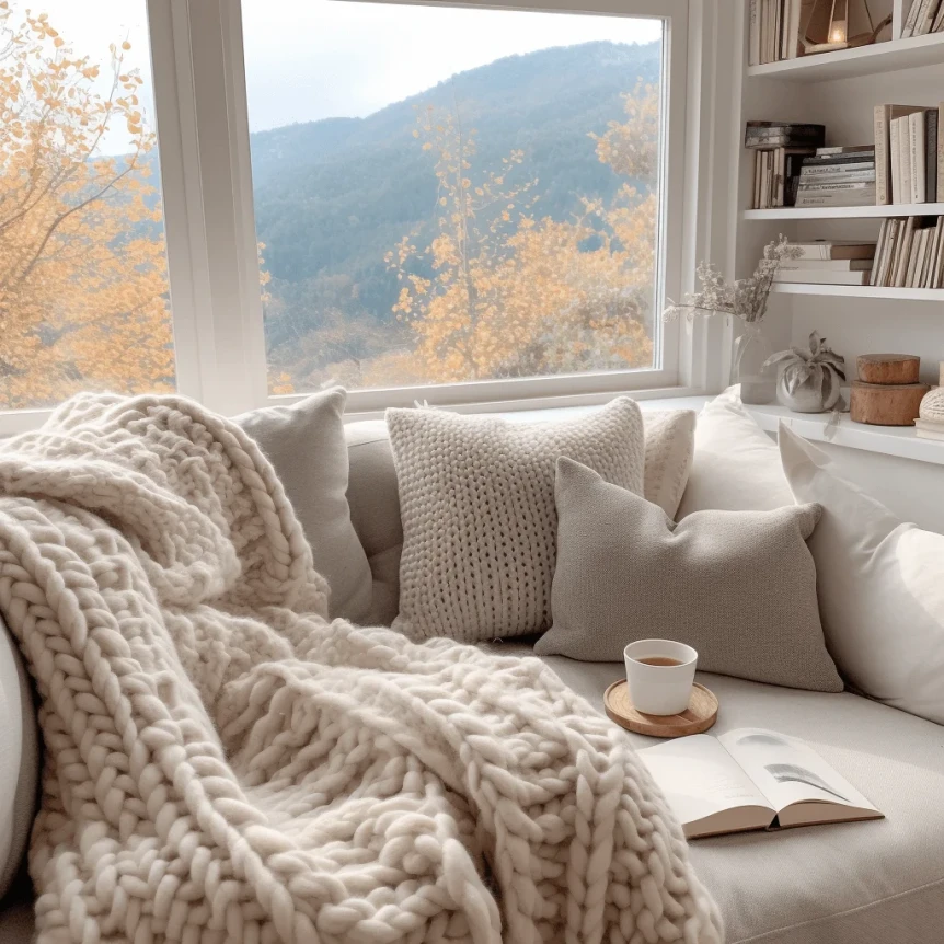 Cozy reading nook soft knit throw pillows books