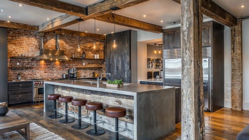 Industrial kitchen with exposed wooden beams, brick walls, concrete island, and metal bar stools