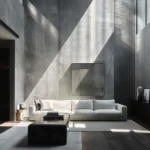 Elegant minimalist living room featuring a white sofa contrasting dark accents and dynamic play of sunlight through windows