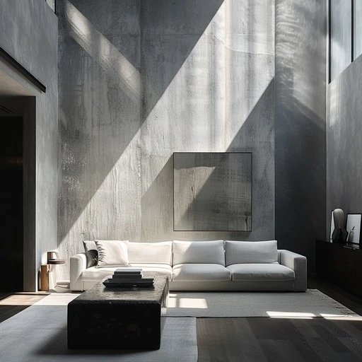 Elegant minimalist living room featuring a white sofa contrasting dark accents and dynamic play of sunlight through windows