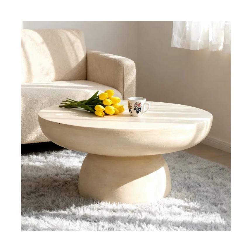 Modern white pedestal coffee table with curved design on plush rug in contemporary living room setting