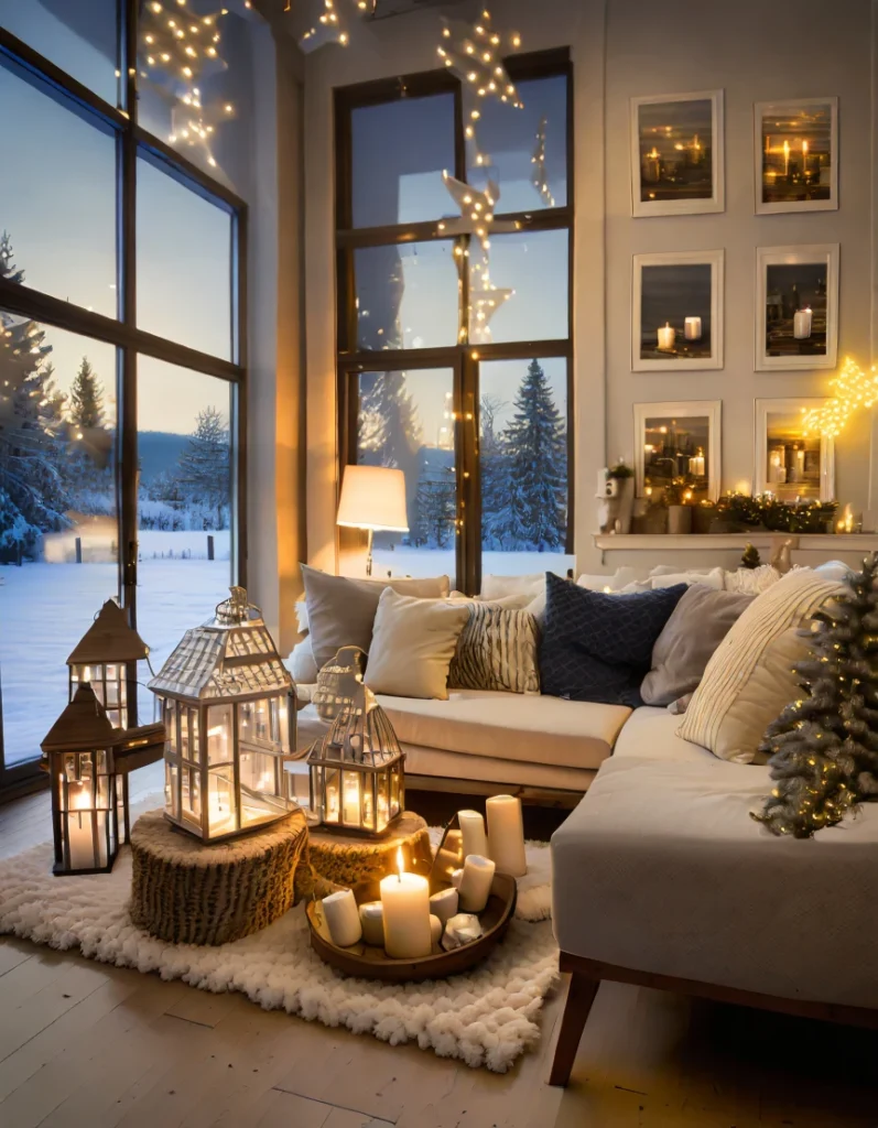 Firefly Cozy hygge scandinavian interior real estate showcase photos warm winter night minimalist