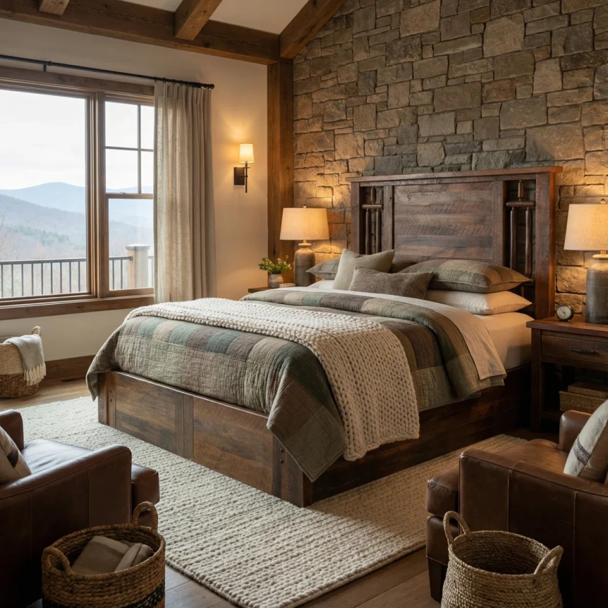 Rustic industrial bedroom with stone accent wall, wooden bed frame, and mountain view through large window