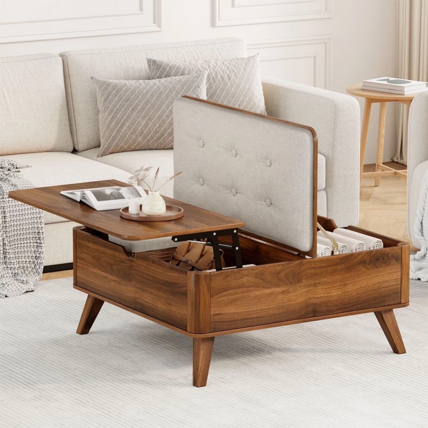 Modern wooden storage bench with lift-top lid open displaying interior compartment in neutral bedroom setting