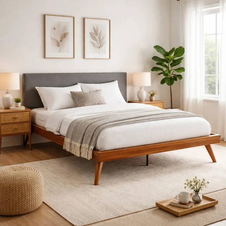 Mid-century modern bedroom with wooden platform bed, neutral bedding, botanical art, and natural textures