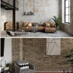 Modern industrial loft with concrete walls and sleek furniture above rustic industrial room with exposed brick wall
