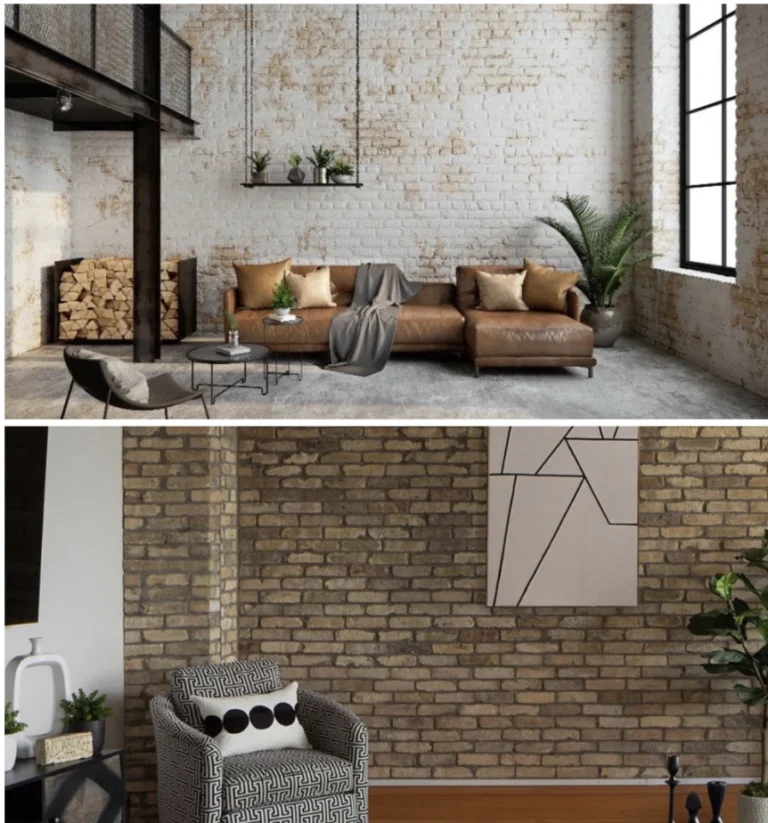 Modern industrial loft with concrete walls and sleek furniture above rustic industrial room with exposed brick wall