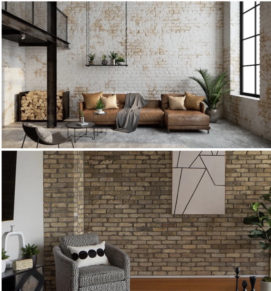 Modern industrial loft with concrete walls and sleek furniture above rustic industrial room with exposed brick wall