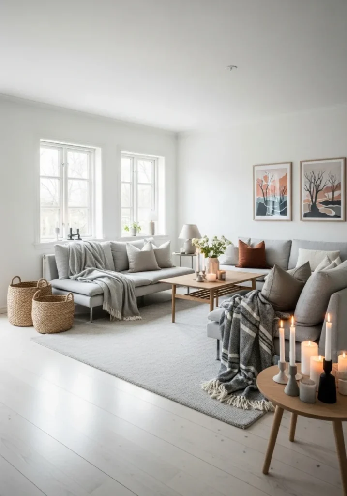 Bright Scandinavian living room with white walls, gray sofa, natural wood coffee table, and minimalist decor