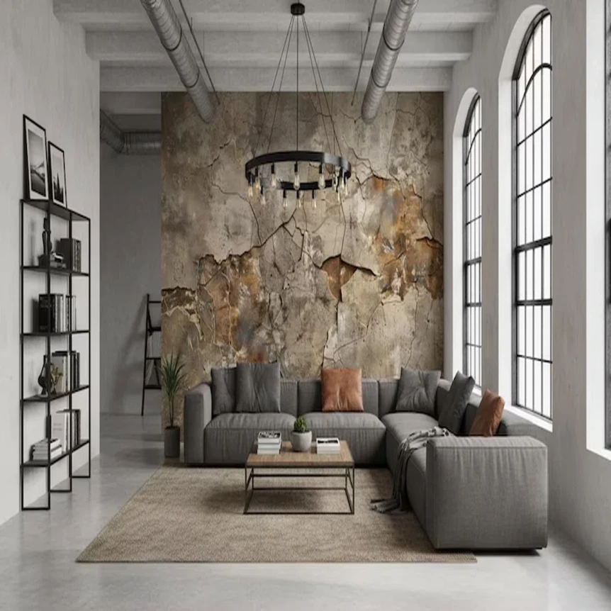 Modern industrial living room with exposed concrete ceiling, world map mural, gray sectional sofa, and black metal shelving