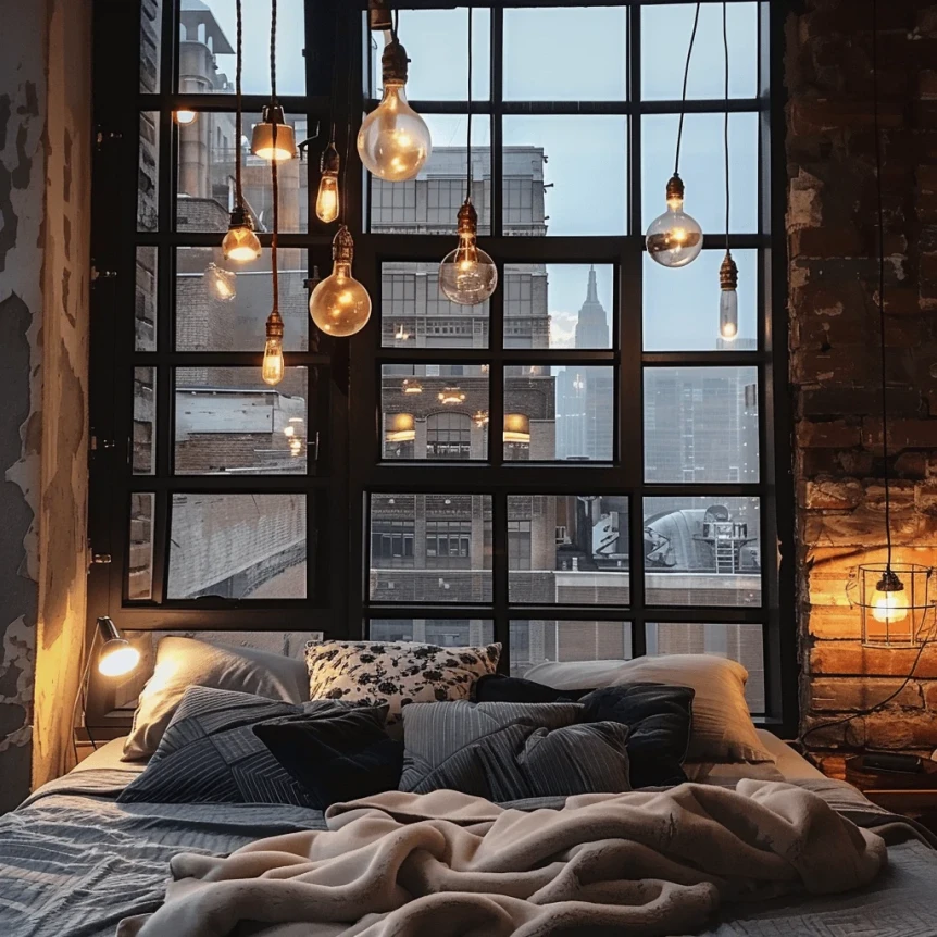 Industrial bedroom with pendant lights Edison bulbs and oversized windows2