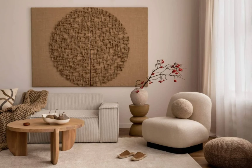 Modern Japandi living room with curved sofa, wooden coffee table, and natural woven wall art in neutral tones