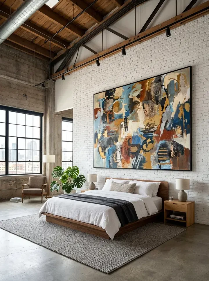 Large Scale Wall Art and Plant in an Industrial Bedroom