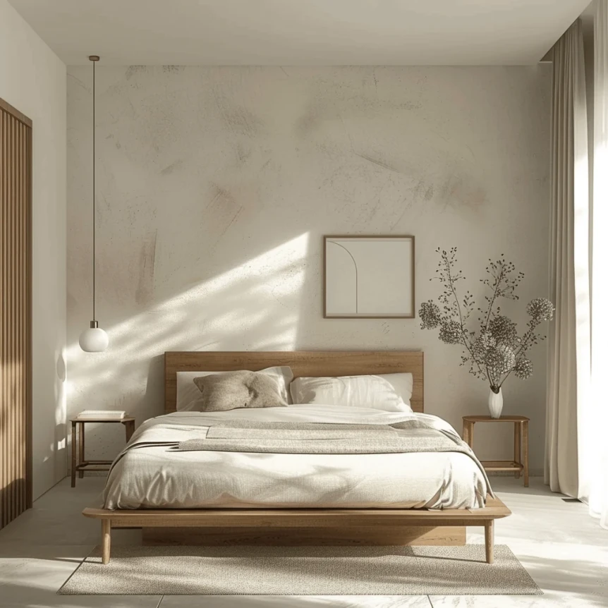 Low profile platform bed with slim tapered legs adding a minimalist touch to a Scandinavian bedroom