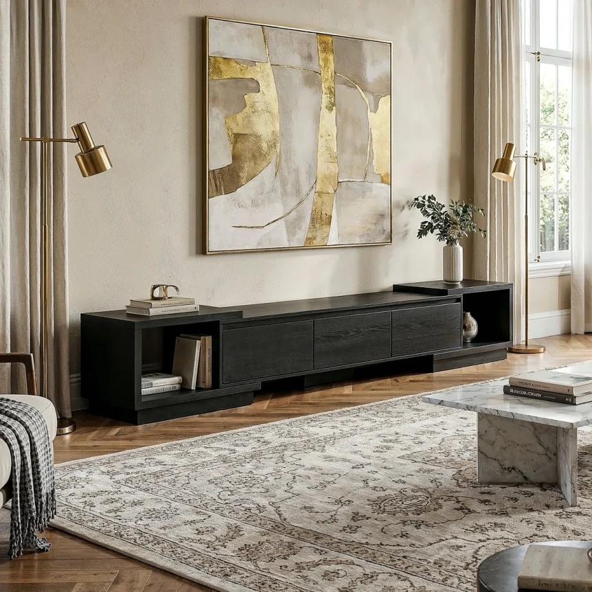 Modern black low-profile TV stand with abstract gold and white artwork in contemporary living room with area rug