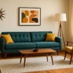 Mid-century modern living room with teal sofa, wooden coffee table, orange accent pillows, and geometric wall art