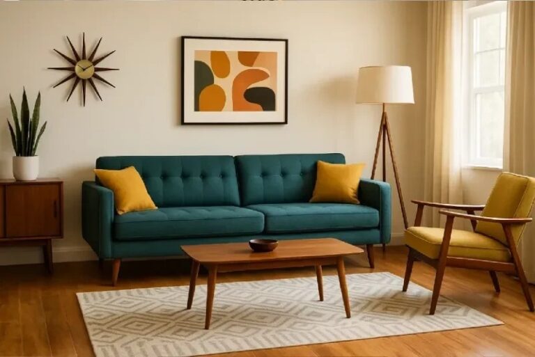 Mid-century modern living room with teal sofa, wooden coffee table, orange accent pillows, and geometric wall art