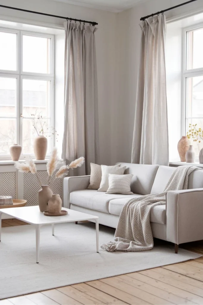 Minimalist Scandinavian living room with neutral tones, layered cushions, and draped throw blanket
