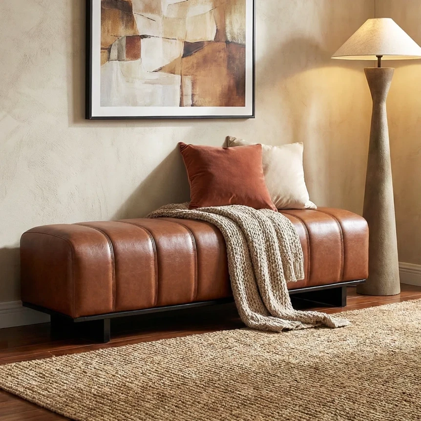 Modern brown leather channel-tufted storage bench with throw blanket in contemporary living room setting