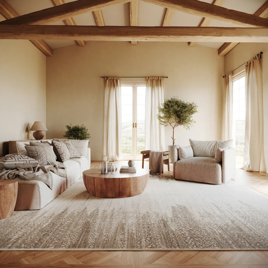 Scandinavian living room with handmade wool area rug, neutral sofa, and warm natural light