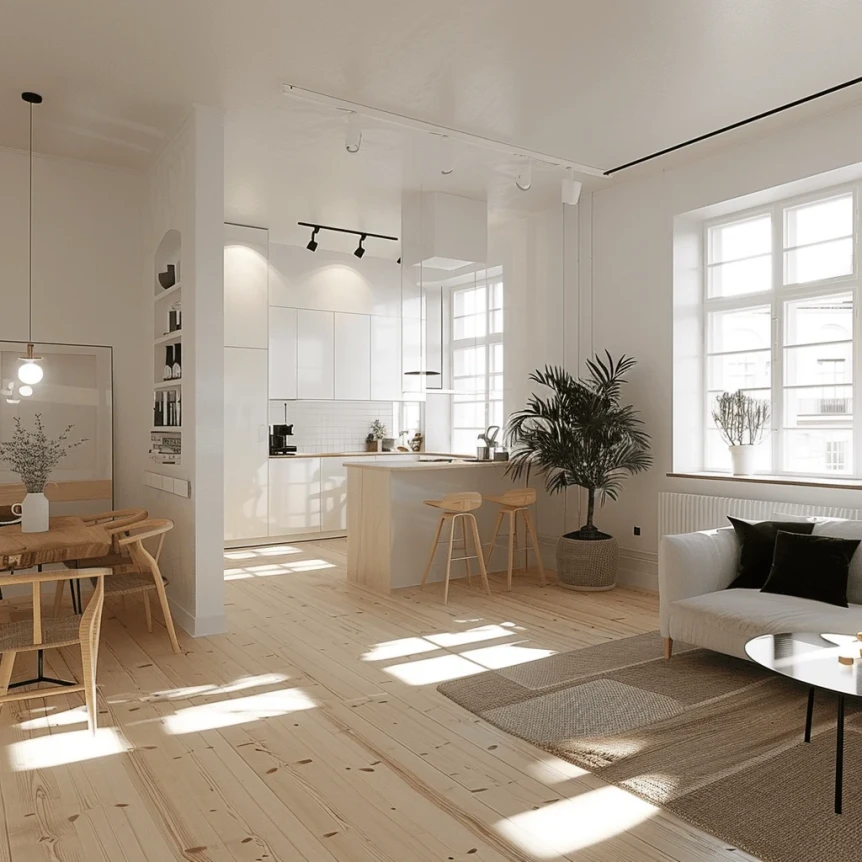 Open floor plan white walls and light wood make this small Scandinavian apartment feel spacious
