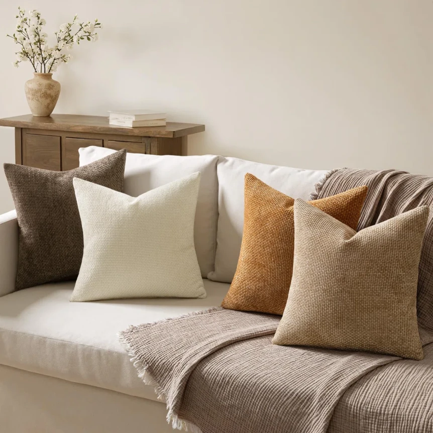 Neutral beige and cream throw pillows on white sofa with minimalist Scandinavian home decor styling