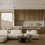 Modern Japandi living room with neutral tones, curved sofa, wood kitchen, and minimalist design elements