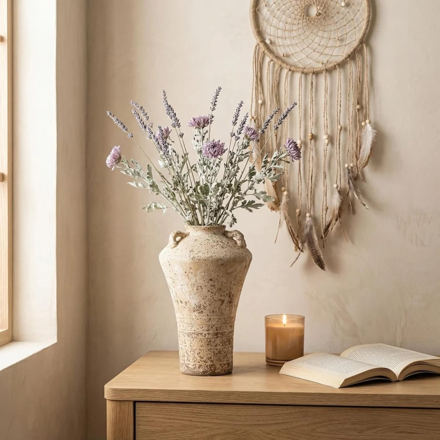 Boho home decor with macrame wall hanging, dried lavender in textured vase, and open book on wooden table