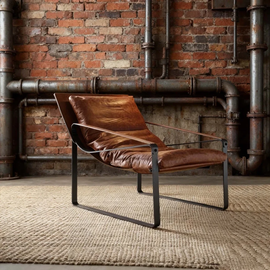 Brown leather sling chair with black metal frame against exposed brick wall and industrial pipes