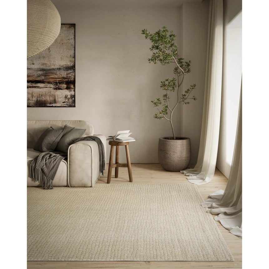 Minimalist living room with beige textured rug, neutral tones, potted plant, and modern furniture creating elegant ambiance