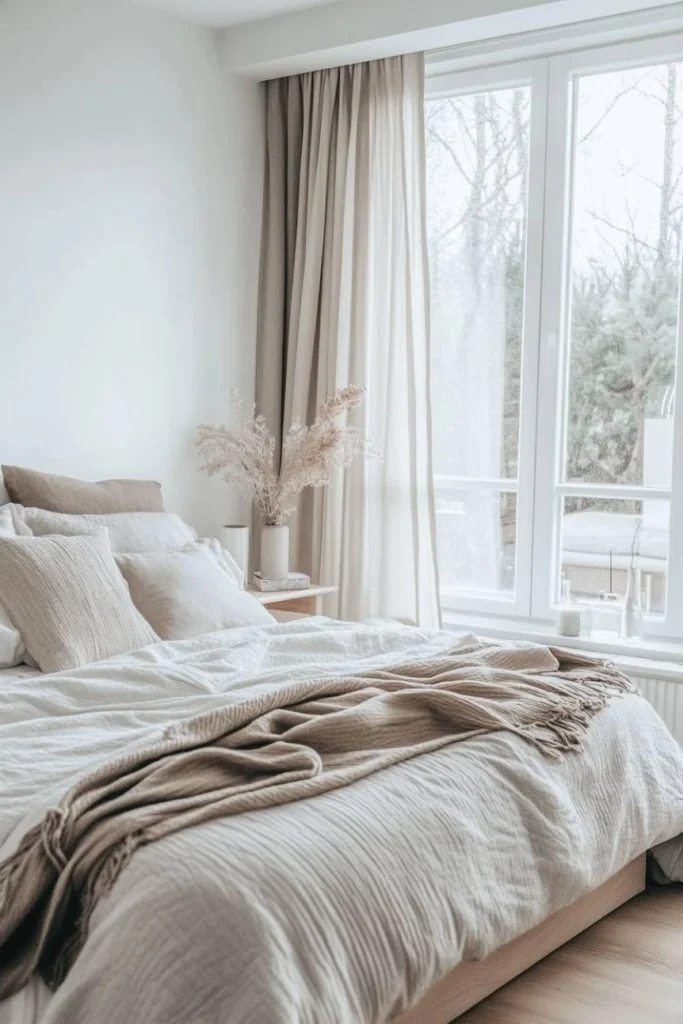 Scandinavian bedroom corner with dried pampas grass in ceramic vase and natural wood furniture